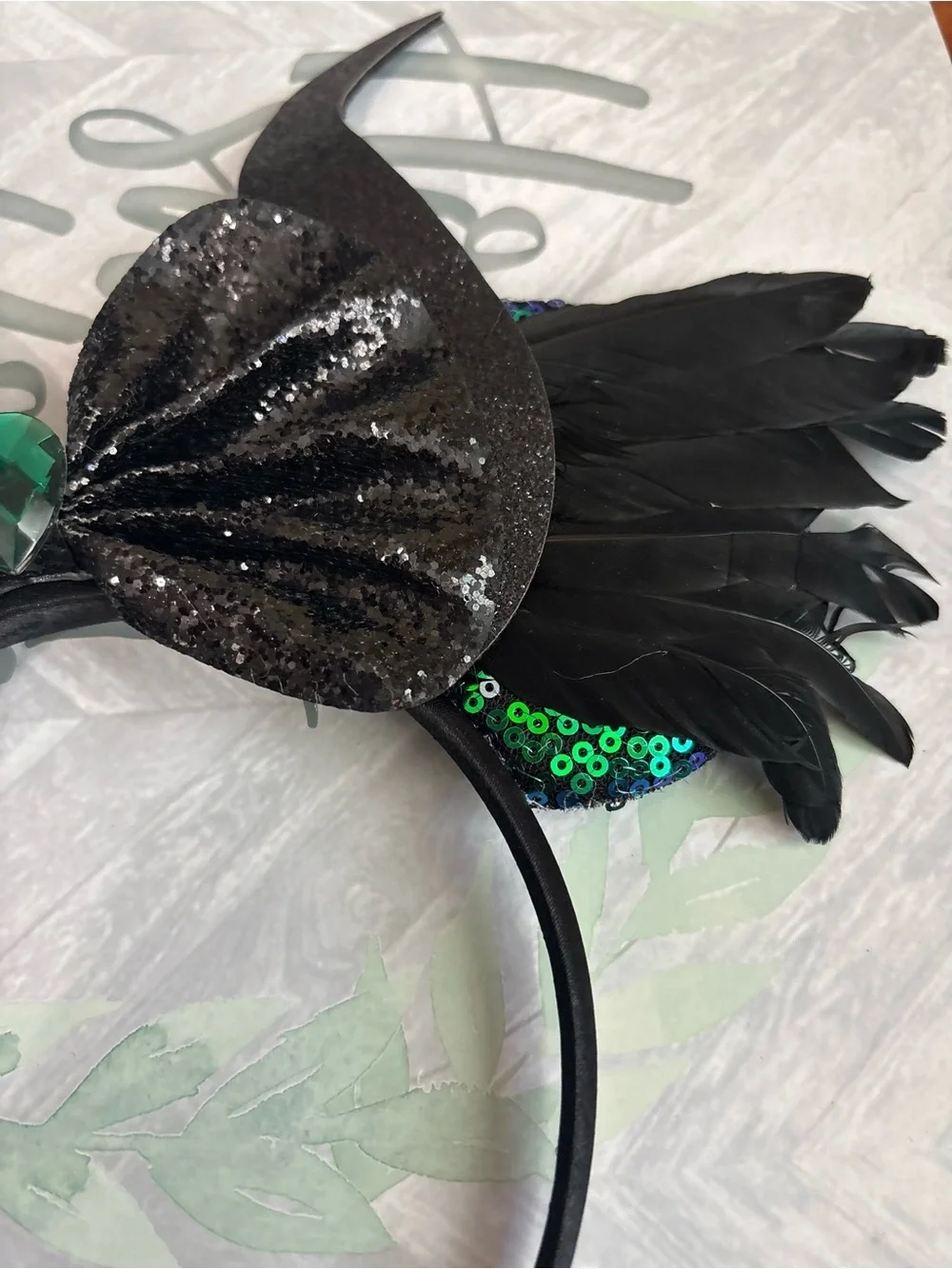 Maleficent Inspired Mouse Ears Headband Black Horns Green Sequins Feathers